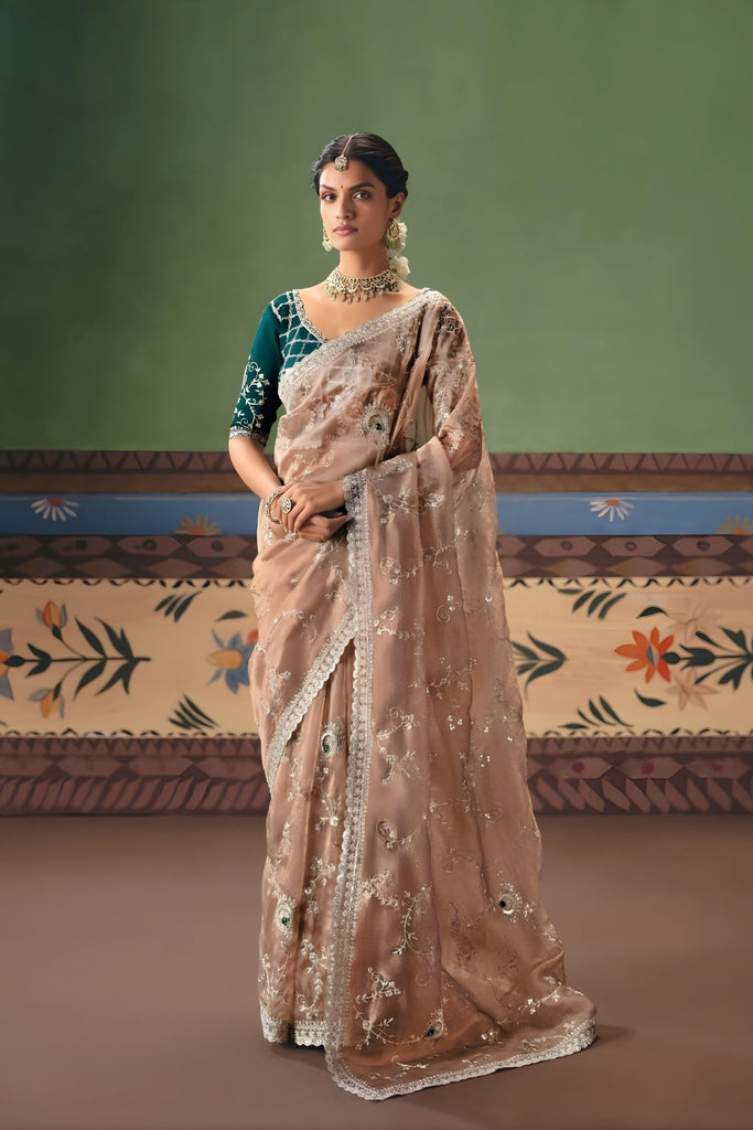 Champagne Brown Organza Silk Saree with Silver Embroidery Border