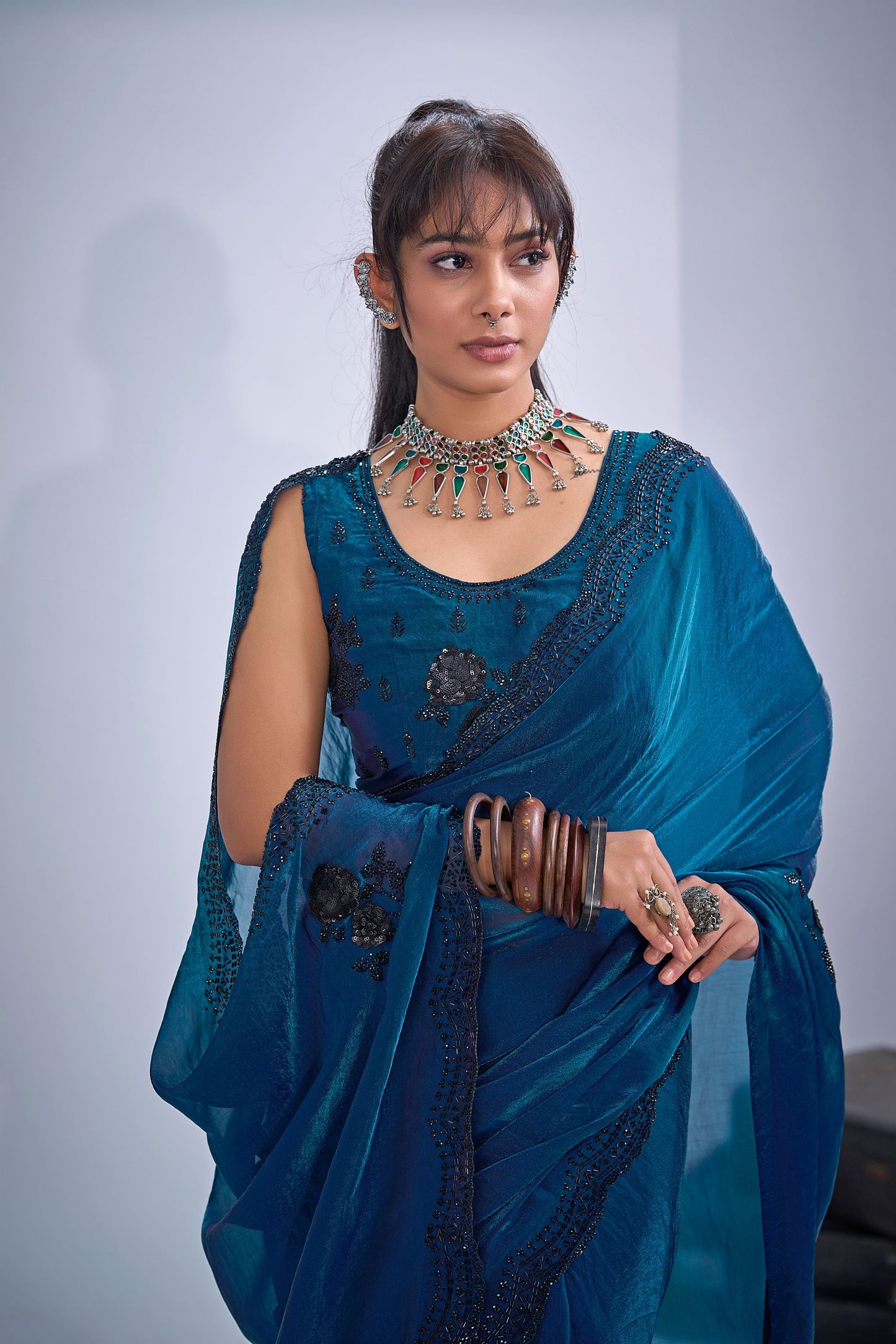Royal Blue Organza Silk Saree Black Floral Embroidery Designer Blouse