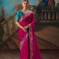 Magenta Designer Saree with Silver Embroidery Teal Blue Blouse 