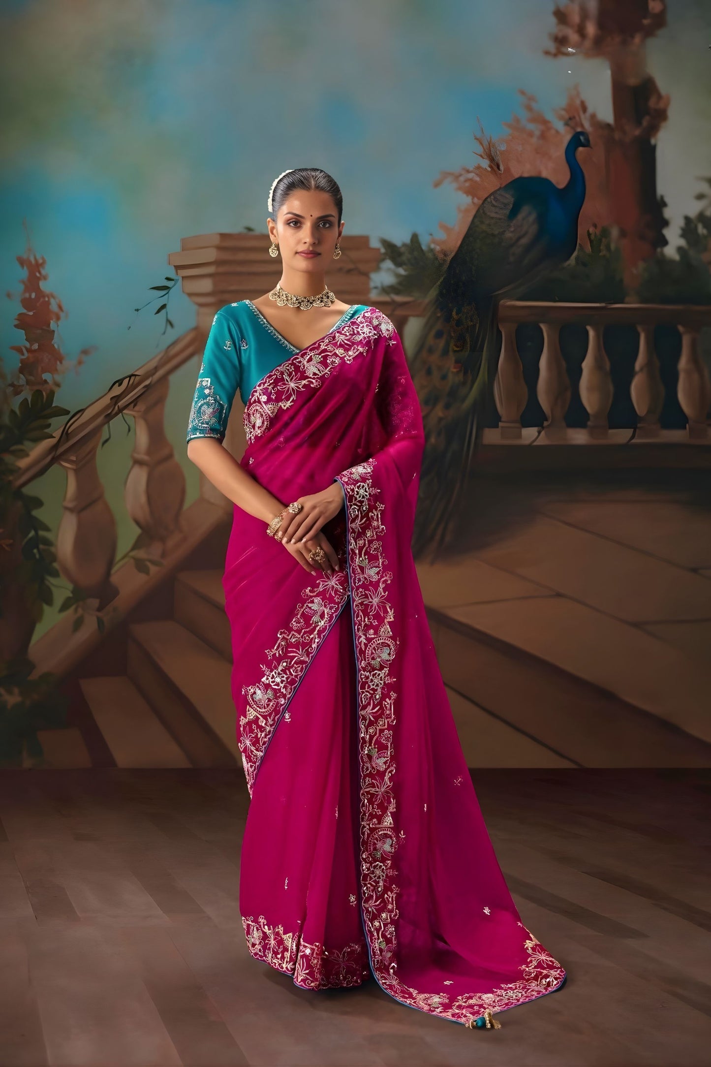 Magenta Designer Saree with Silver Embroidery Teal Blue Blouse 