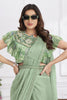 Sage Green Designer Saree with Floral Embroidered Ruffle Blouse