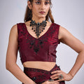Wine Maroon Organza Saree with Black Embroidery Designer Saree