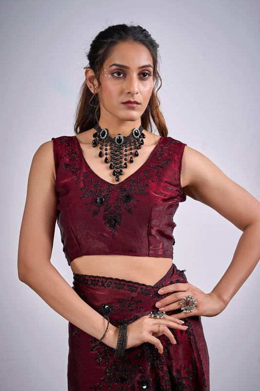 Wine Maroon Organza Saree with Black Embroidery Designer Saree