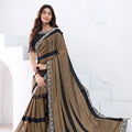 Brown Black Georgette Saree Silver Floral Embroidered Border Designer Blouse