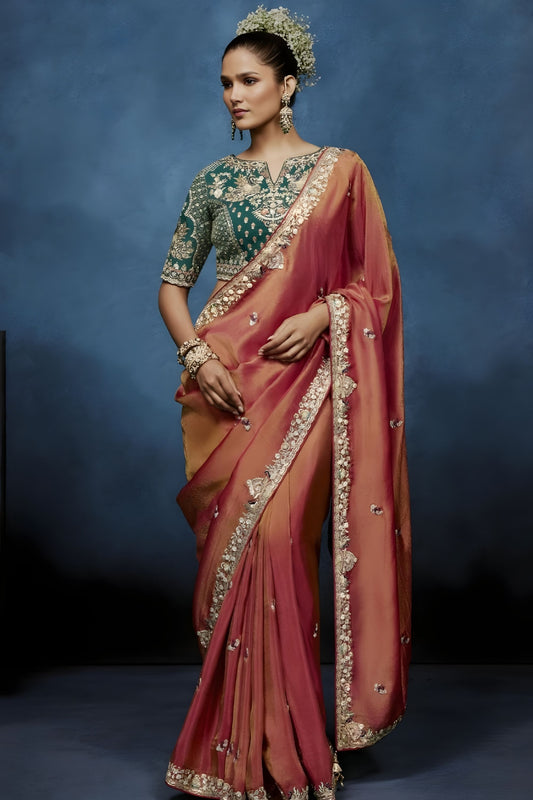  Peach Copper Embroidered Saree with Designer Blouse 