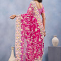 Designer Hot Pink Floral Embroidered Net Saree with Heavy Border