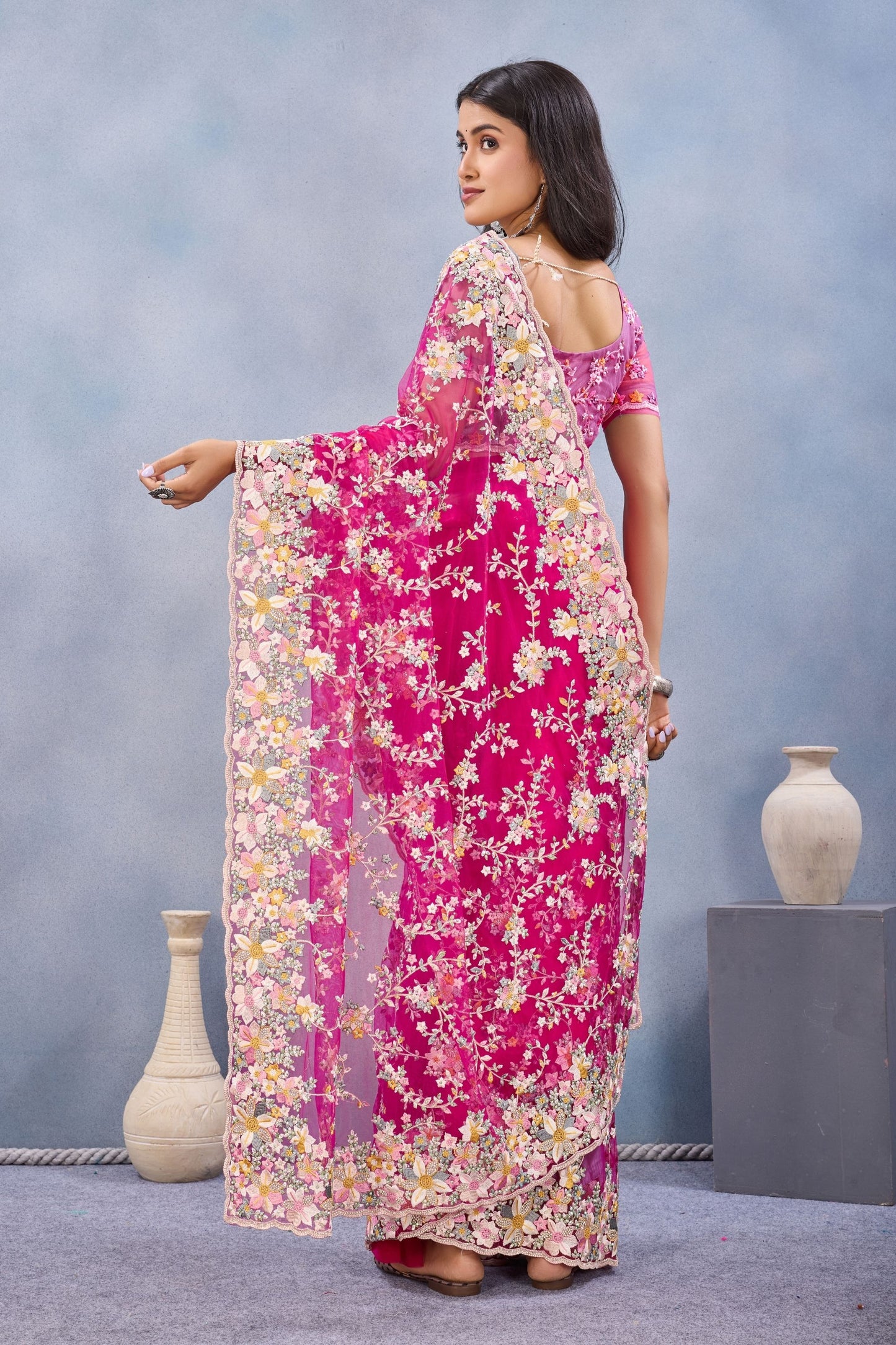 Designer Hot Pink Floral Embroidered Net Saree with Heavy Border