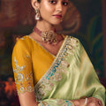 Light Green Silk Saree with Zari Embroidery and Mustard Blouse