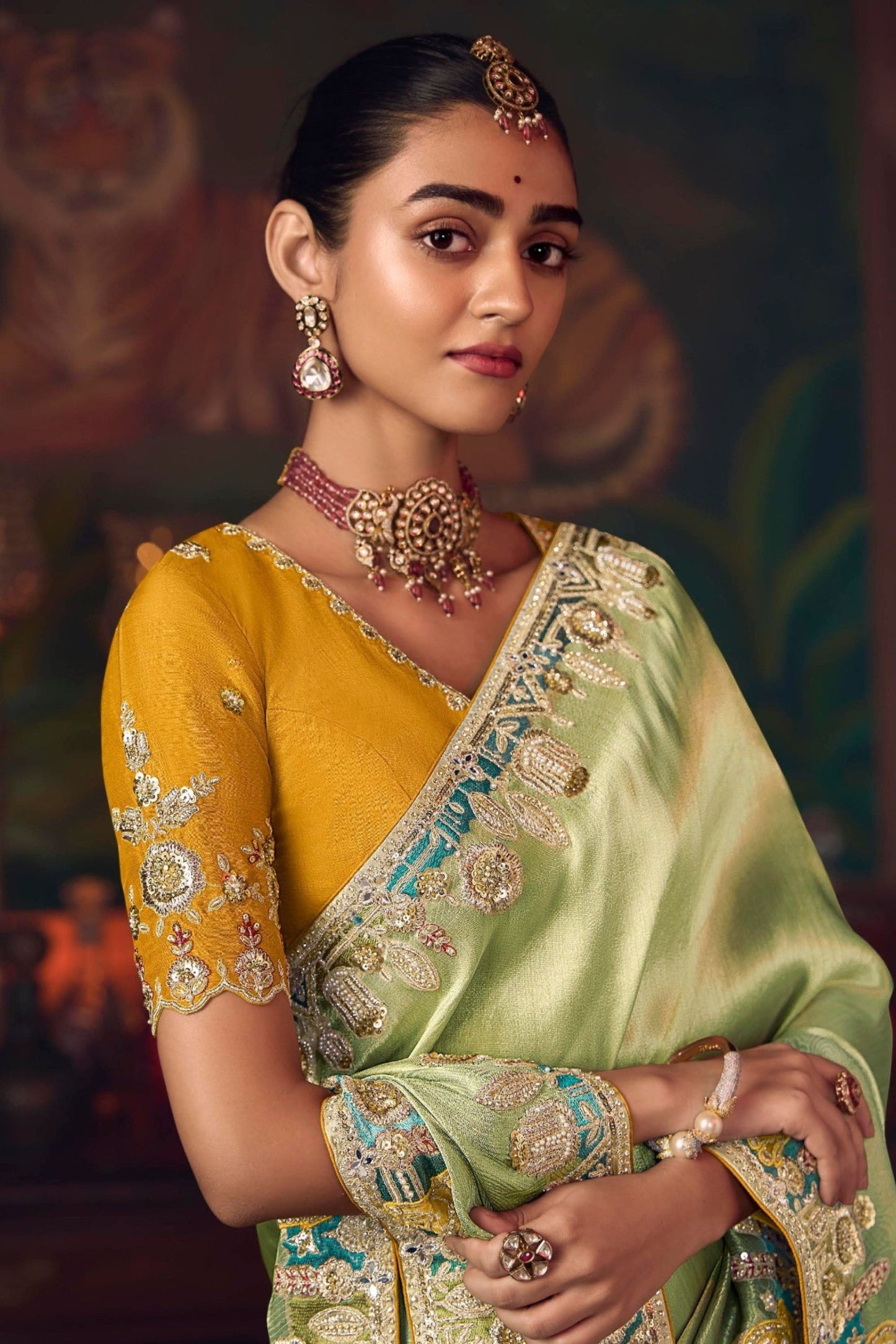 Light Green Silk Saree with Zari Embroidery and Mustard Blouse