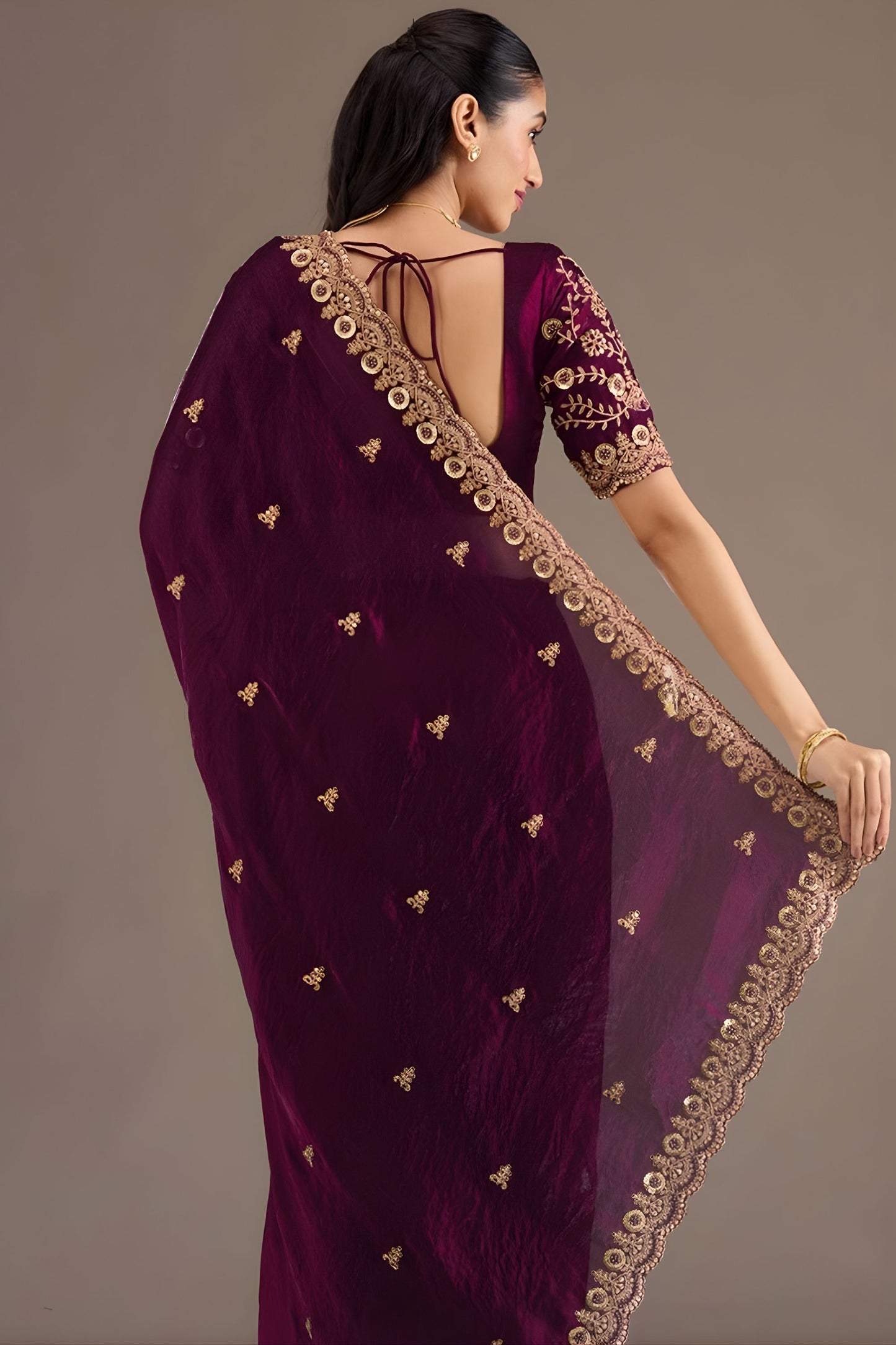 Wine Purple Silk Saree Heavy Zari Embroidery Border Designer Blouse