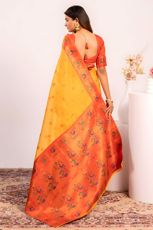 Yellow Paithani Silk Saree with Orange Zari Border and Traditional