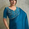 Teal Blue Chiffon Saree with Designer Embroidered Blouse
