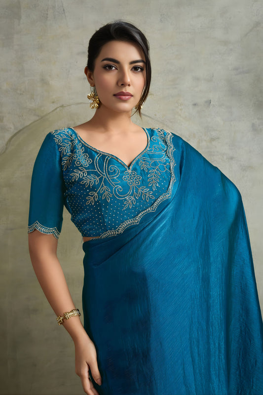 Teal Blue Chiffon Saree with Designer Embroidered Blouse