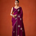 Wine Purple Embroidered Georgette Saree Floral Motifs Designer Border