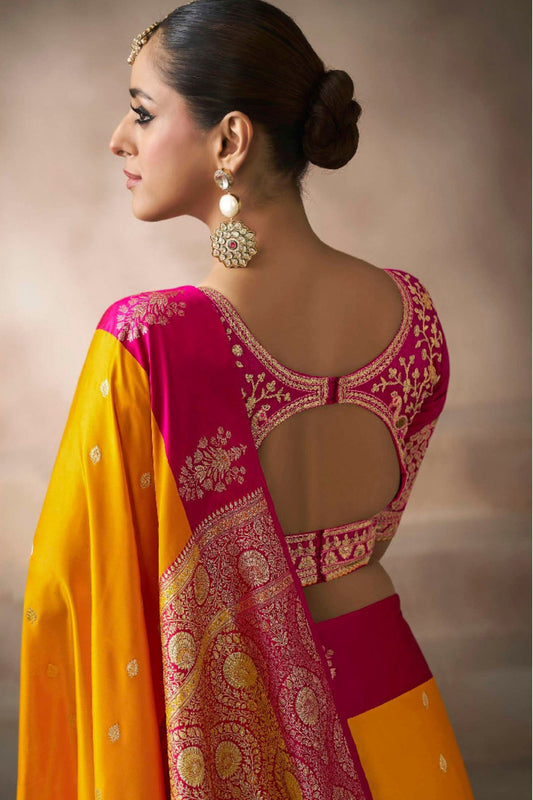 Mustard Yellow Silk Saree with Rani Pink Contrast Border