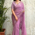 Lavender Organza Saree with Floral Embroidery Designer Blouse