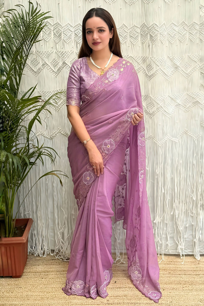 Lavender Organza Saree with Floral Embroidery Designer Blouse