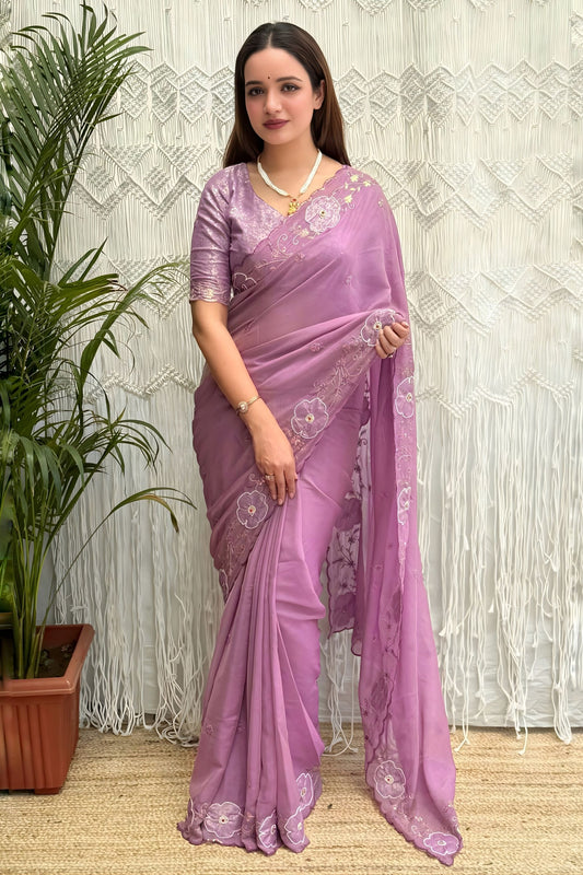 Lavender Organza Saree with Floral Embroidery Designer Blouse