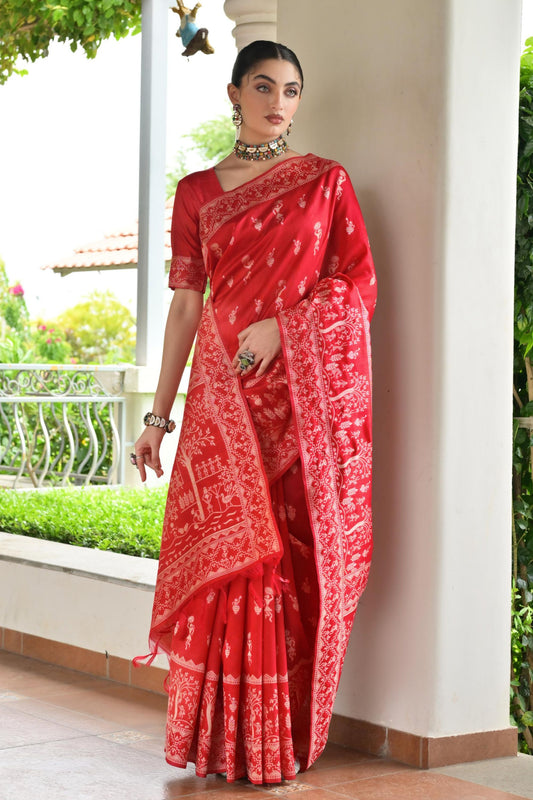 Elegant Red Cotton Silk Saree with Traditional Woven Border