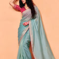 Sea Green Designer Saree Embroidered Border Contrast Blouse
