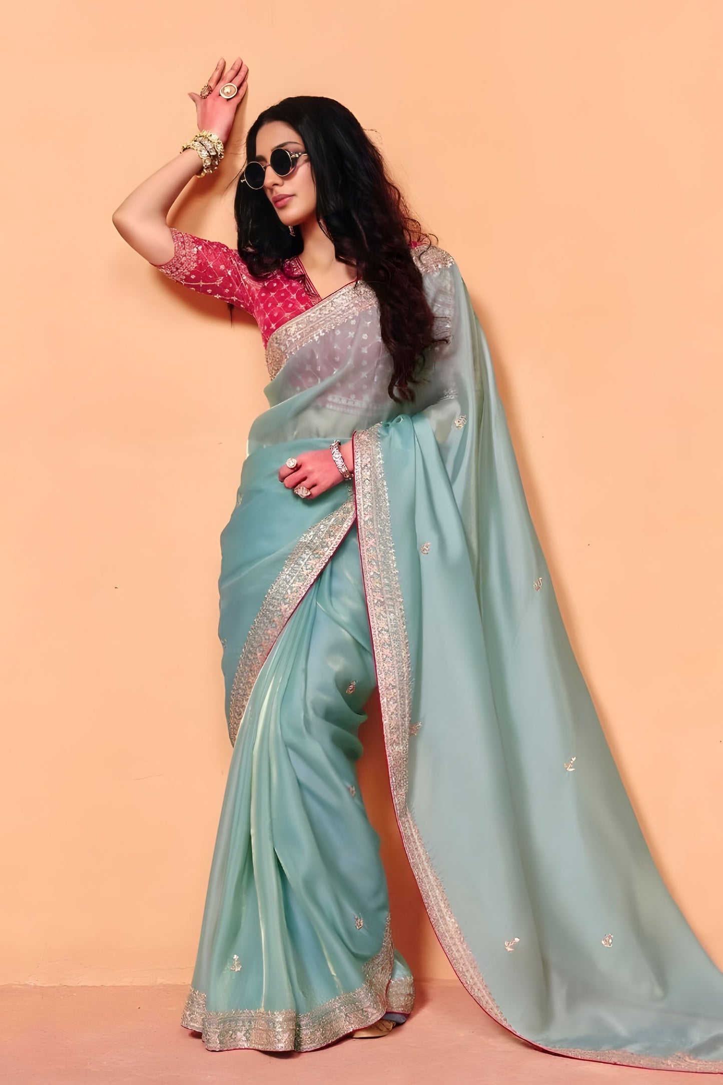 Sea Green Designer Saree Embroidered Border Contrast Blouse