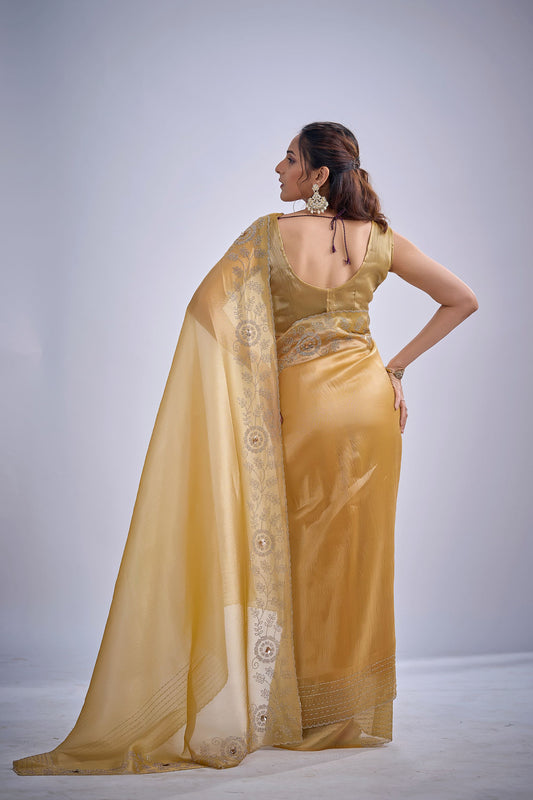 Mustard Yellow Tissue Silk Saree Zari Embroidery Designer Blouse