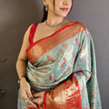 Sky Blue Orange Kanjivaram Silk Saree Traditional Zari Woven Saree