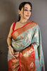 Sky Blue Orange Kanjivaram Silk Saree Traditional Zari Woven Saree