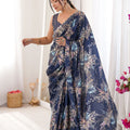 Navy Blue Floral Digital Printed Linen Saree with Designer Lace Border