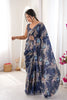 Navy Blue Floral Digital Printed Linen Saree with Designer Lace Border