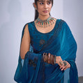 Teal Blue Organza Saree with Black Floral Embroidery Designer Saree