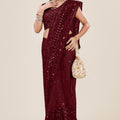 Wine Maroon Net Saree with Heavy Sequins Embroidery Designer Blouse