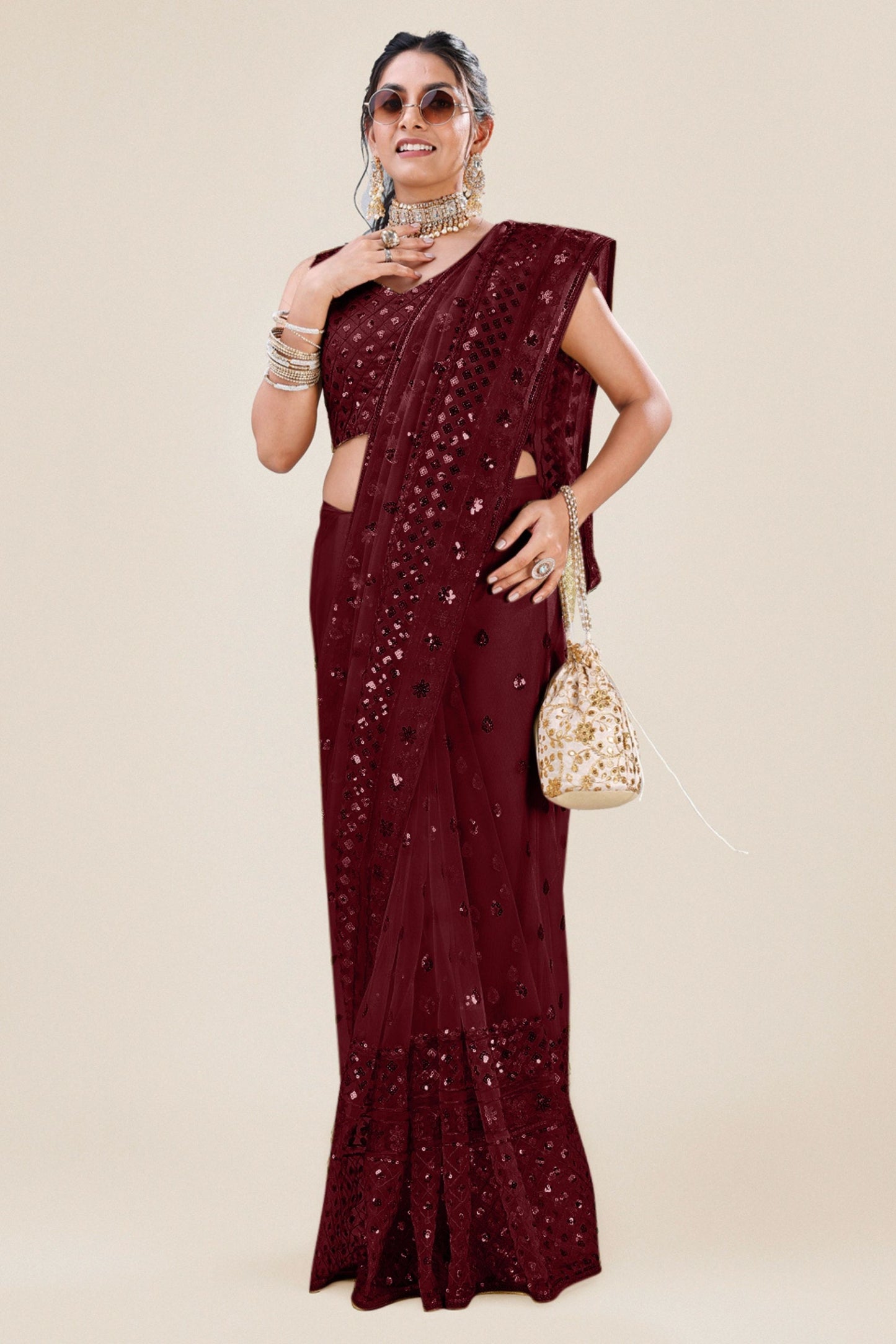 Wine Maroon Net Saree with Heavy Sequins Embroidery Designer Blouse