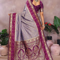 Grey Silk Saree with Wine Purple Zari Woven Border Designer Pallu
