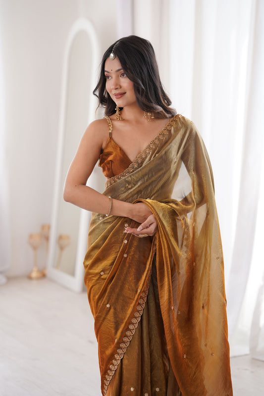 Copper Brown Organza Saree Golden Butti Work Embroidered Border