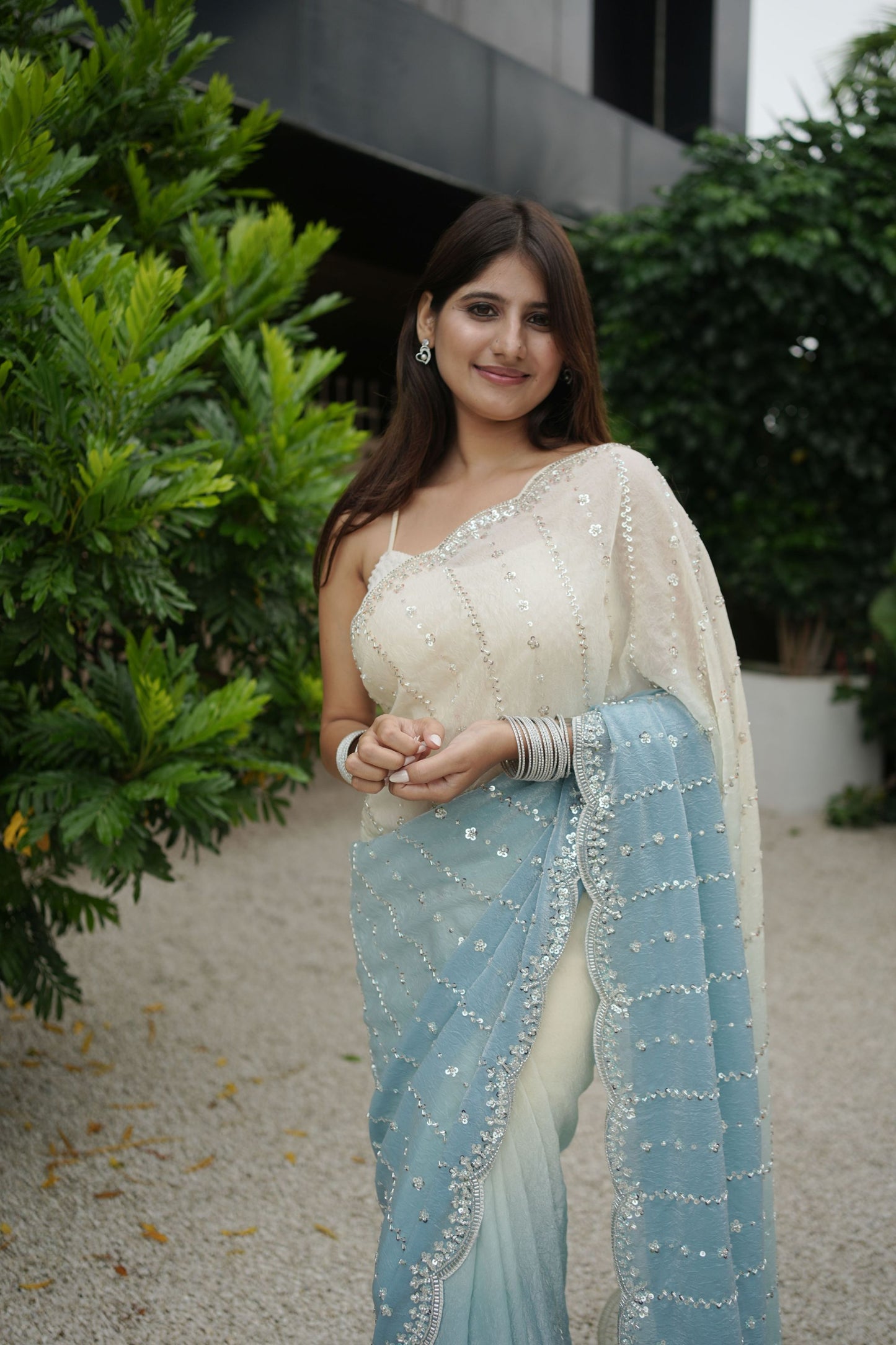 Ivory Sky Blue Ombre Georgette Saree Sequin Designer Scalloped Border