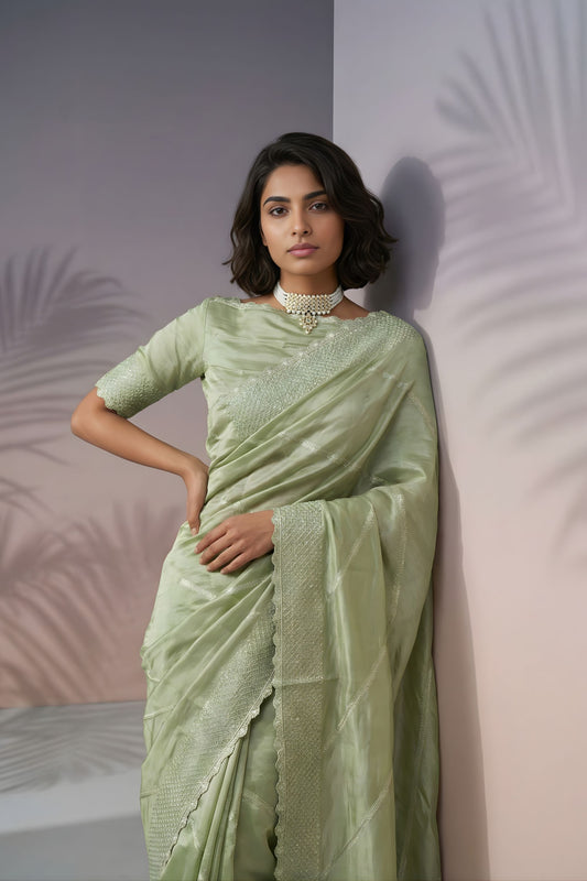 Pastel Green Silk Saree with Embroidered Border Designer Blouse