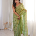 Pista Green Organza Silk Saree Golden Zari Embroidery Designer Blouse