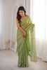 Pista Green Organza Silk Saree Golden Zari Embroidery Designer Blouse