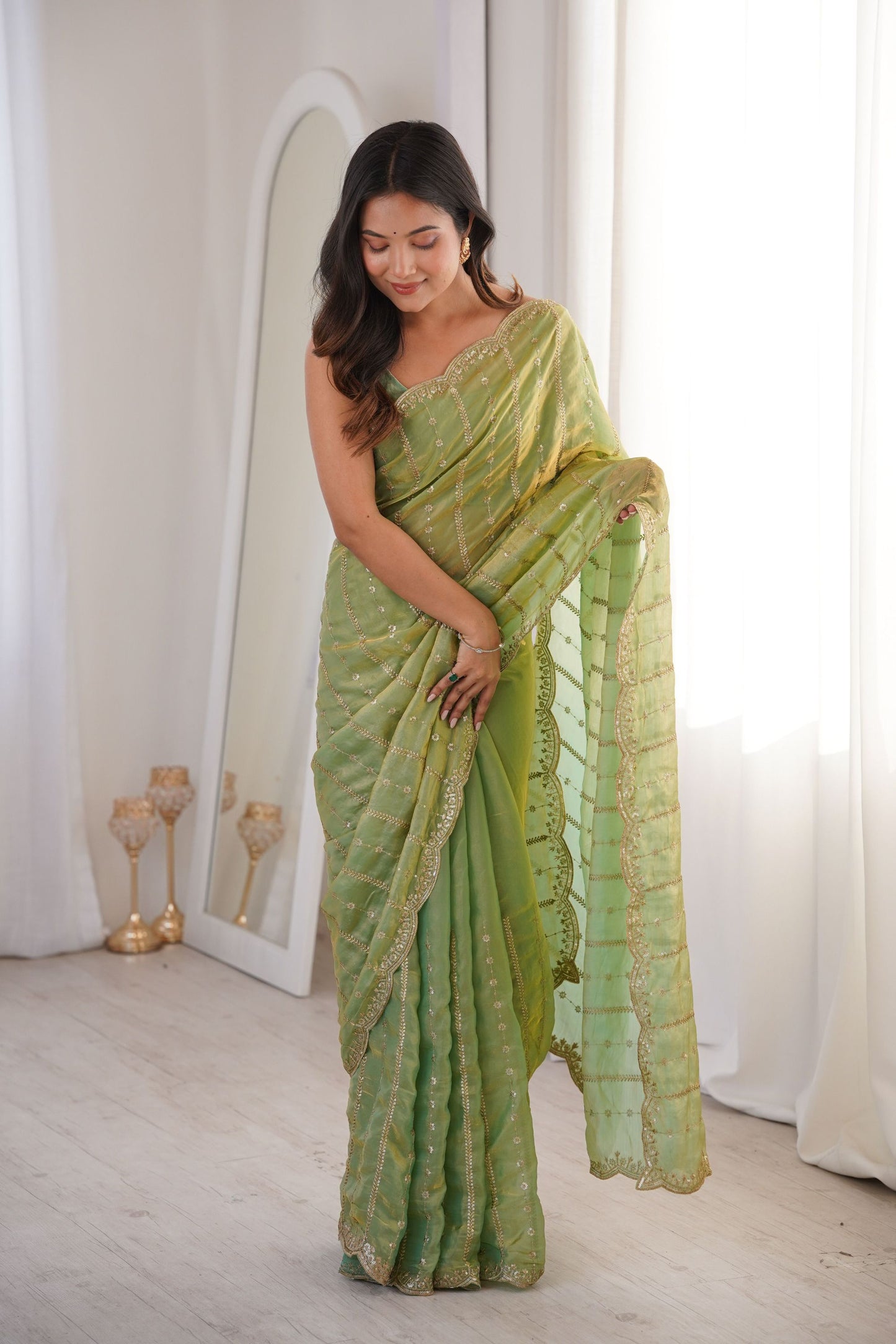 Pista Green Organza Silk Saree Golden Zari Embroidery Designer Blouse