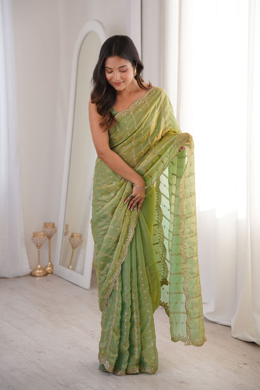 Pista Green Organza Silk Saree Golden Zari Embroidery Designer Blouse