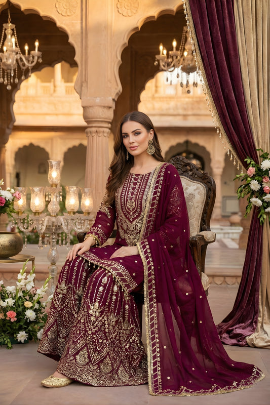 Elegant Maroon Embroidered Georgette Sharara Suit with Dupatta for Wedding
