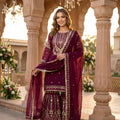 Elegant Maroon Embroidered Georgette Sharara Suit with Dupatta for Wedding