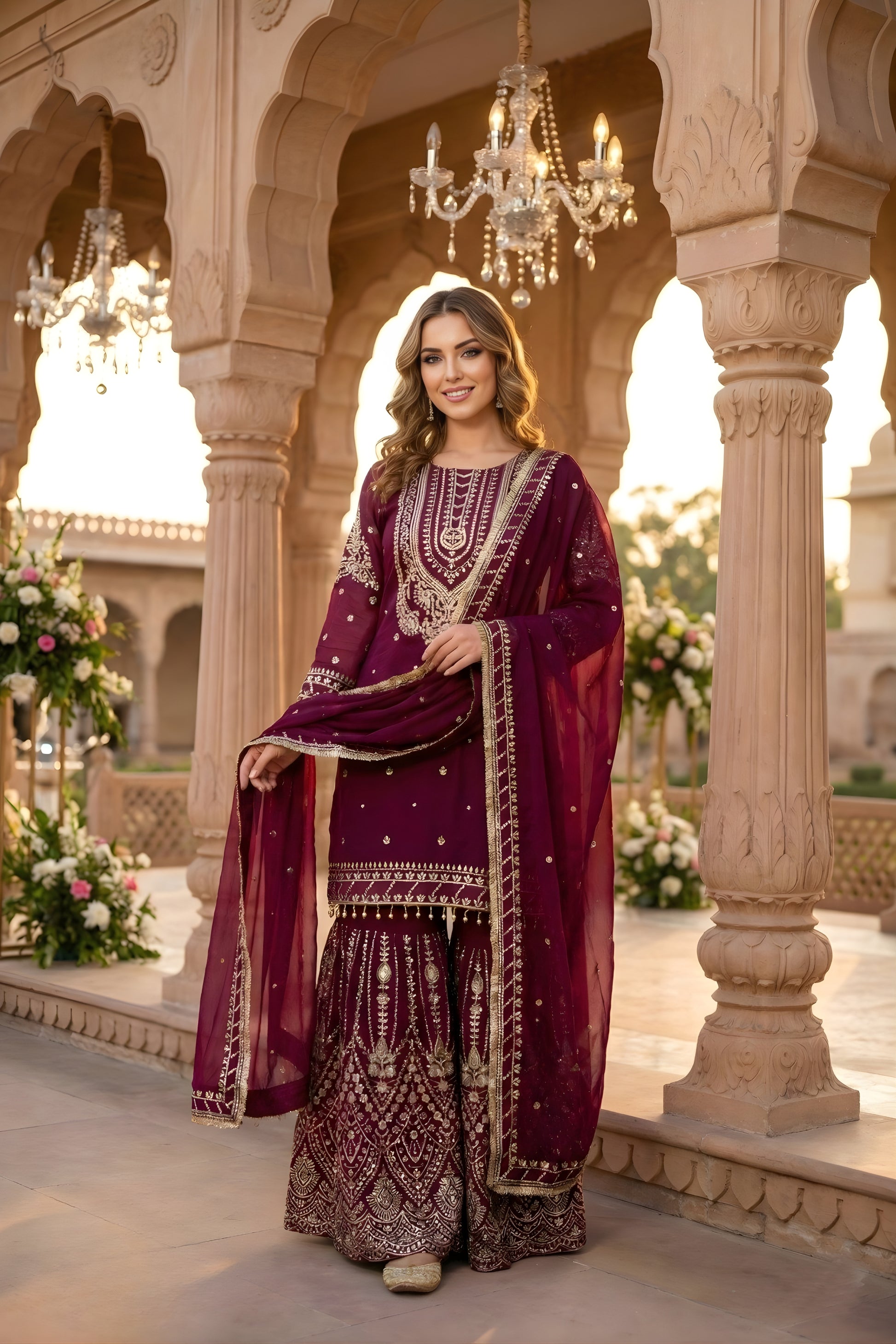Elegant Maroon Embroidered Georgette Sharara Suit with Dupatta for Wedding