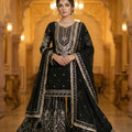 Regent Black Embroidered Georgette Sharara Suit with Dupatta for Wedding