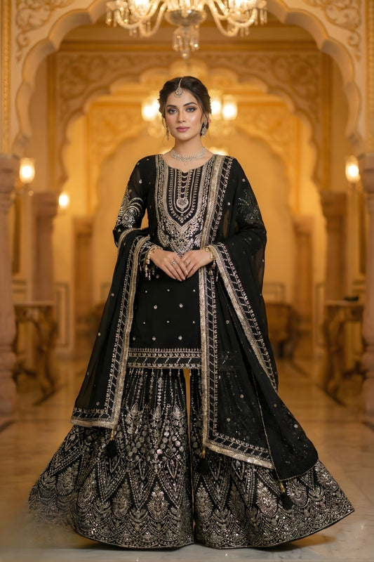 Regent Black Embroidered Georgette Sharara Suit with Dupatta for Wedding