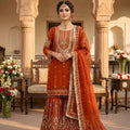 Trendy Orange Embroidered Georgette Sharara Suit with Dupatta for Wedding