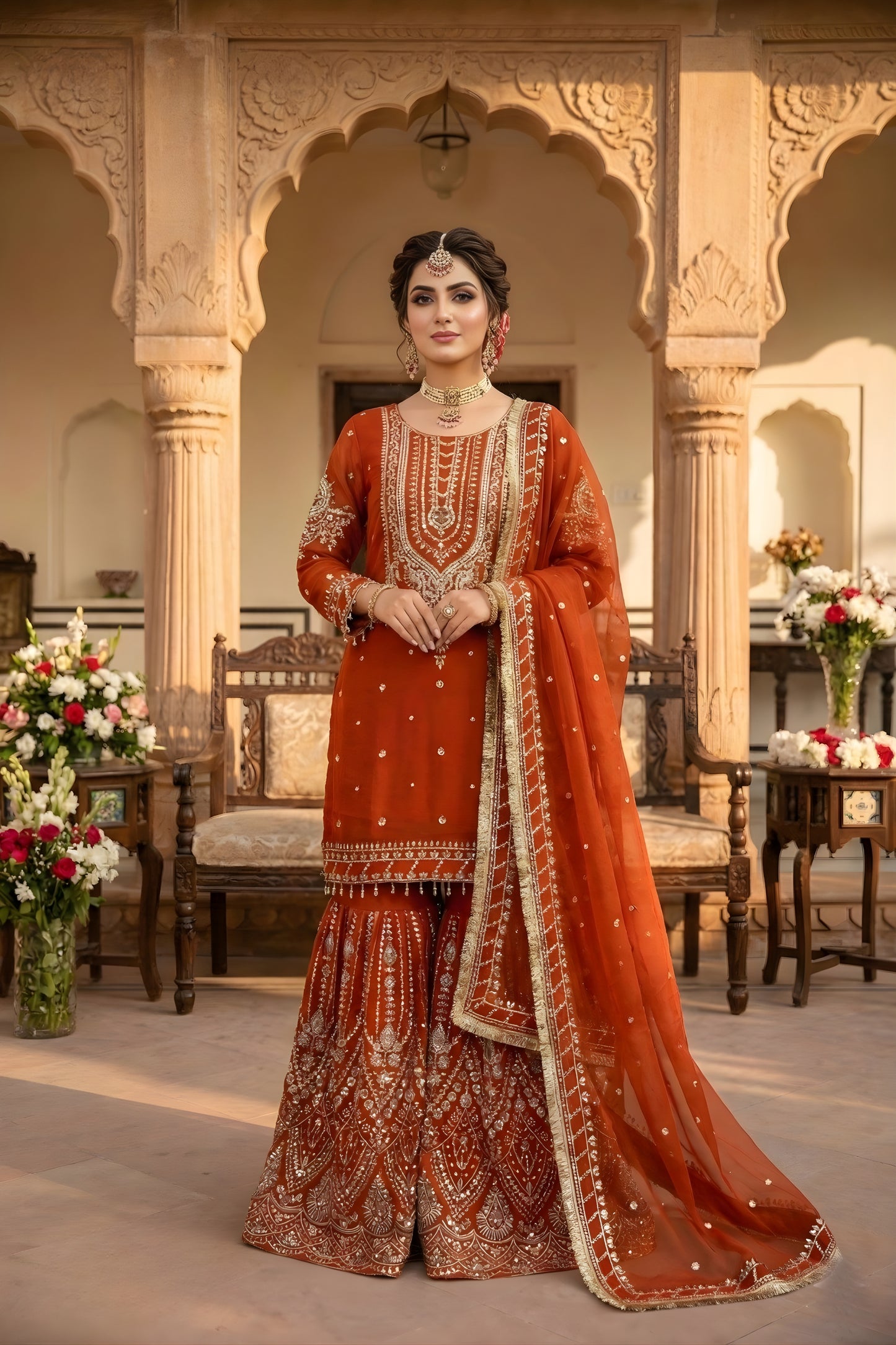 Trendy Orange Embroidered Georgette Sharara Suit with Dupatta for Wedding