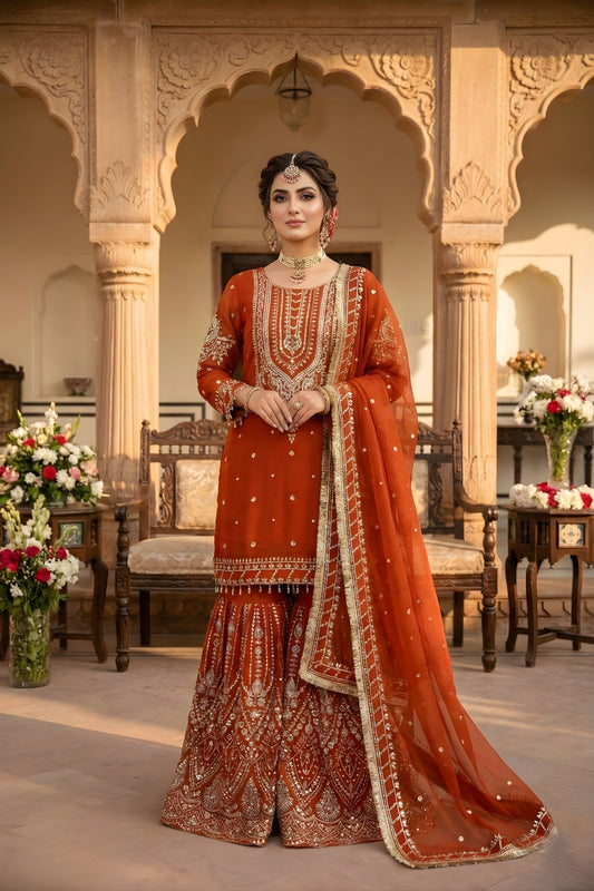 Trendy Orange Embroidered Georgette Sharara Suit with Dupatta for Wedding