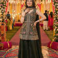 Nawabi Dark Green Embroidered Georgette Sharara Suit with Dupatta for Wedding